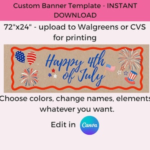 Plantilla editable para pancarta del 4 de julio – Canva, Walgreens, CVS Print (Descarga instantánea)