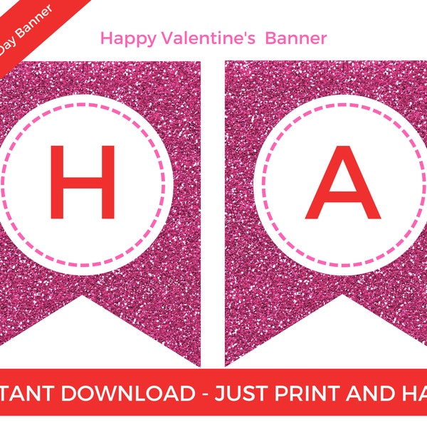 Happy Valentine's Day Printable Banner -  Instant Happy Valentine's Day Hanging Flag Banner - Red Heart Banner - INSTANT DOWNLOAD