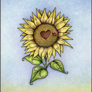 May include: A yellow sunflower with a brown heart in the centre and a red ladybug on the petal. The sunflower is against a blue sky with white stars.