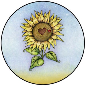 May include: A yellow sunflower with a brown heart in the centre and a red ladybug on the petal. The sunflower is against a light blue background with white speckles.