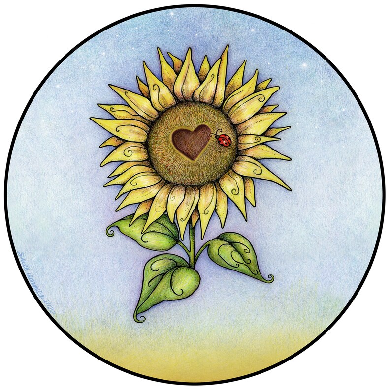 May include: A yellow sunflower with a brown heart in the centre and a red ladybug on the petal. The sunflower is against a light blue background with white speckles.