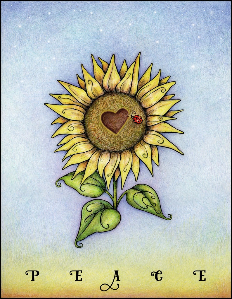 May include: A yellow sunflower with a brown heart in the centre and a red ladybug on the petal. The sunflower has green leaves and the word "PEACE" is written below the flower.