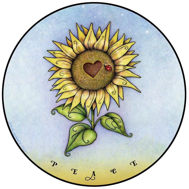 May include: A yellow sunflower with a brown heart in the centre and a red ladybug on the right side of the heart. The sunflower is on a light blue background with white dots. The word "PEACE" is written in black letters at the bottom of the image.