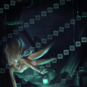 May include: A woman with long blonde hair floats in a dark, watery environment. She holds a glowing lantern in one hand and reaches for a large, rusty gear with the other. The background is filled with repeating white squares with the text "Art by Lindsey" on them.