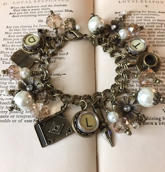 Items similar to Word Count Vintage Typewriter Key Charm Bracelet Antique Bronze with Cream