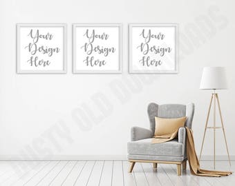 Download Three Square Photos Mockup Wing Back Chair Minimalist Digital Download Mockups Book Psd Templates PSD Mockup Templates