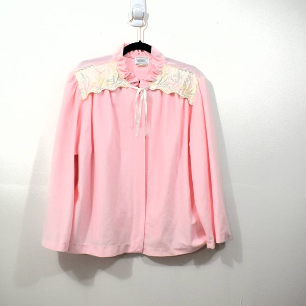 Appel Vintage Bed Jacket Pink Satin Embroidered Long Sleeve Tie Neck Button USA