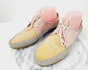 Pina Colada Vintage 90s Suede Leather Pastel Color Block Moccasins Flat Shoes 7M