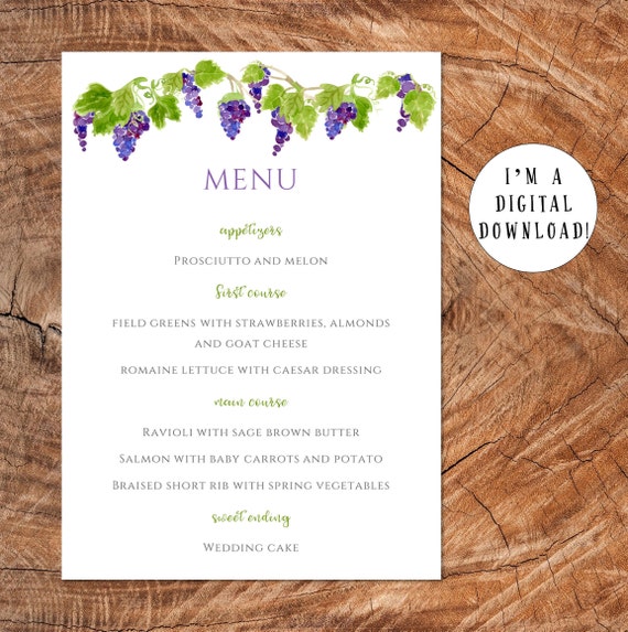 Vineyard / Winery / Grape Menus PRINTABLE Etsy