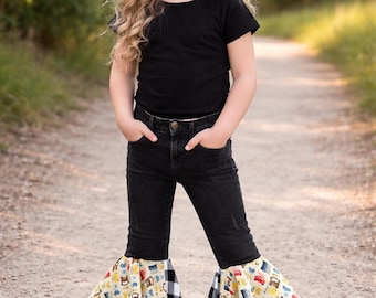 Kids Retro Flare Bell Bottom Jeans – Toddler Denim Pants with Car Print Trim