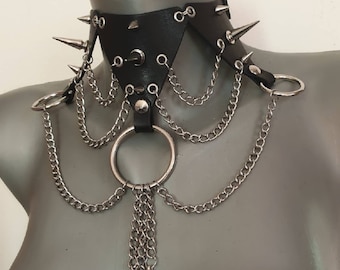 Leather Gothic Chain Choker / Punk Rock Neck Piece Outfit