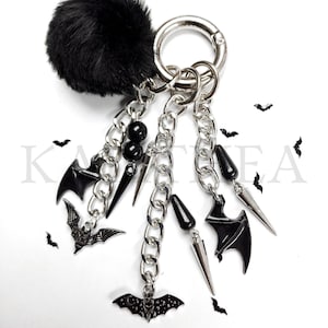 Halloween Bat Keychain With Black Fluffy Pompom - Gothic Bag Charms