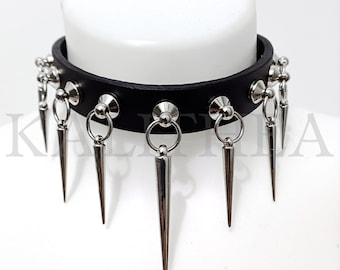 Zwart lederen choker met spikes - Grunge Goth lederen kraag