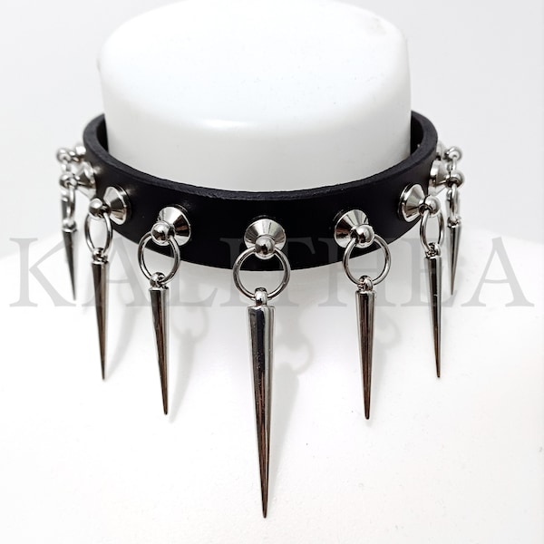 Black Leather Choker With Spikes - Grunge Goth Genuine Leather Collar