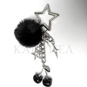 Rotten Cherry Y2K Keychain - Gothic Black Pompom Bag Charm - Stars and Chains Keychain