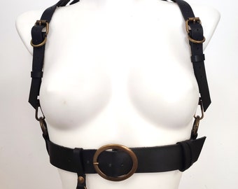 Grunge Goth Statement Harness - Brass Hardware Leather