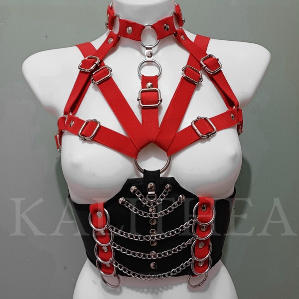 Faux Leather Gothic Harness - Black and Red Rave Vegan Friendly Body Harness