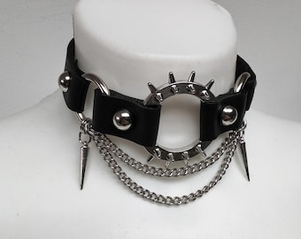 Black Leather Spiked Choker, Stainless Steel Chain Collar, Goth Punk Necklace