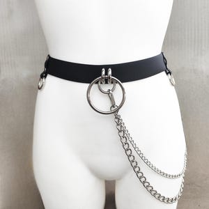 Black Rubber Waist Belt with Metal O-Rings and Chains – Goth Punk Harness Accessory image 8