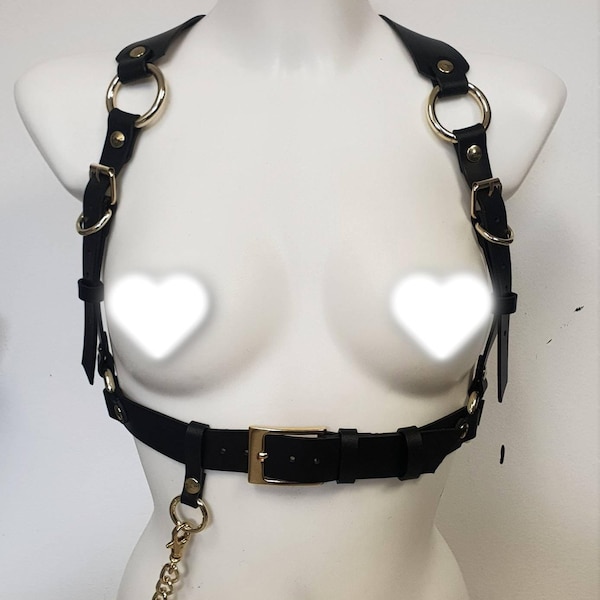 Handgemaakt zwart leren statement-harnas: gothic-grungestijl
