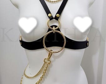 Leather Grunge Goth Statement Harness With Belt Chain
