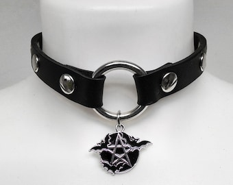 Gothic Leather Choker Collar, Pentagram Bat Moon Wolf Pendant, Pagan Witchy Necklace