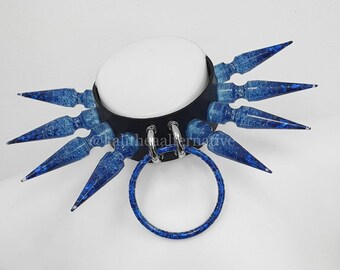 Large spikes " Deviant blue" leather choker