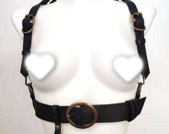 Grunge Goth Statement Harness - Brass Hardware Leather