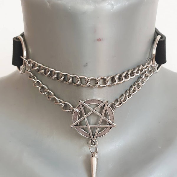 Gothic Pentagramm Choker - Wicca und Spike Halskette