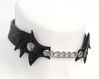 Gothic Black Leather Choker With Faux Leather Shiny Bat Wings - Goth Necklace