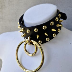 Leather Choker With Gold Spikes - Black Grunge Goth Statement Collar With Rings