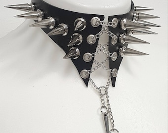 Black Metal Leather Choker // Spiked corset choker