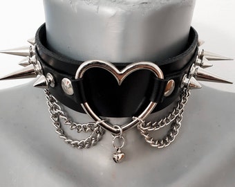 Spiked Heart Leather Choker, Thick Black Leather Choker with Spikes and Metal Heart