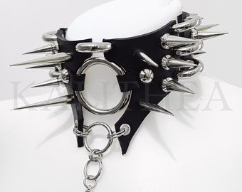 Spiked Leather Choker: Black Metal Collar