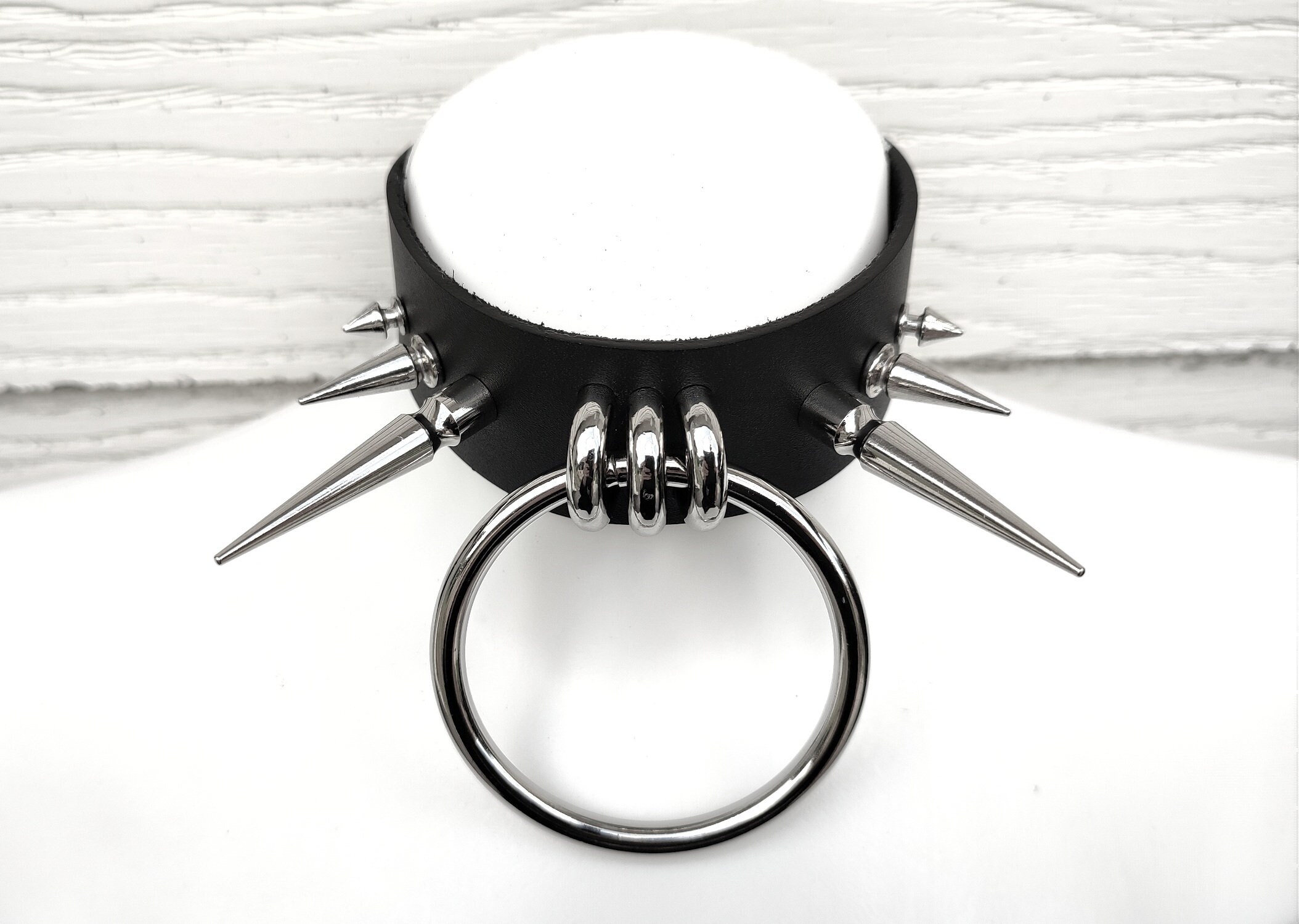 Statement Leather Choker With Large Spikes and Ring - Black Metal Spike Choker