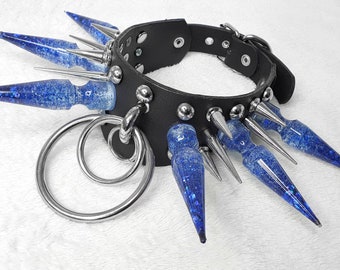 Leather "Hysteria Blue" Large Spikes Choker