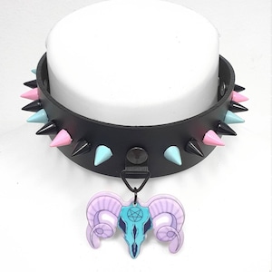 Creepy Cute Leather Kawaii Spiked Choker - Pastel Goth Goat Head Choker