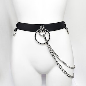 Black Rubber Waist Belt with Metal O-Rings and Chains – Goth Punk Harness Accessory image 1