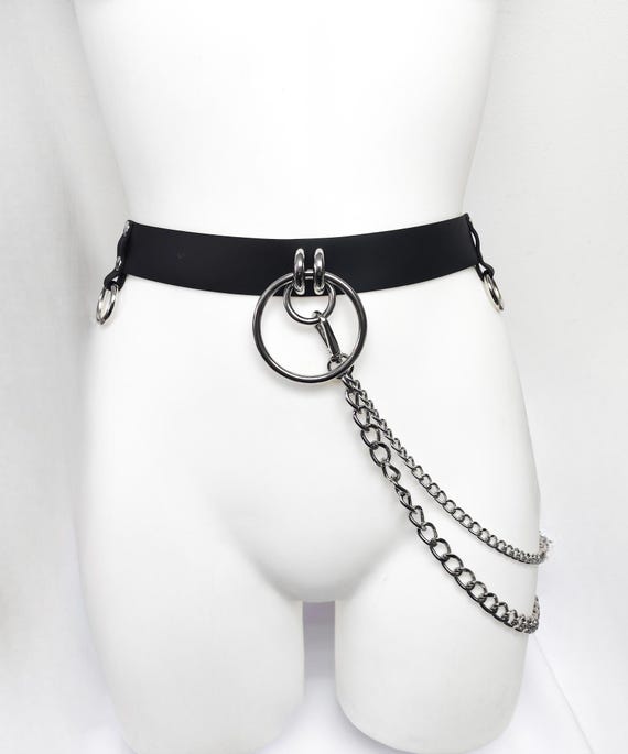 Black Rubber Waist Belt with Metal O-Rings and Chains – Goth Punk Harness Accessory