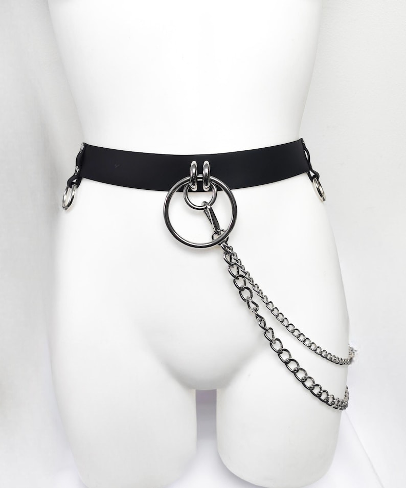 Black Rubber Waist Belt with Metal O-Rings and Chains – Goth Punk Harness Accessory image 1