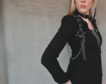 Black Leather Chest Harness - Grunge Goth Statement Harness