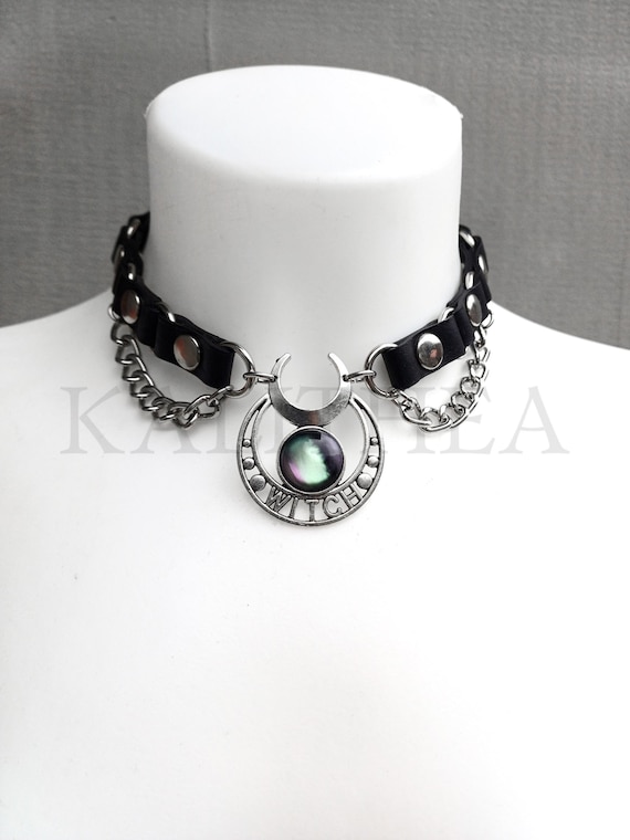 Witchy Leather Choker With Holographic Resin Rhinestone | Gothic 