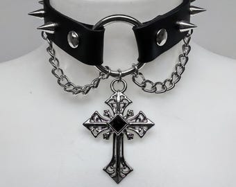 Spiked Leather Choker - Gothic Cross Pendant, Punk Necklace