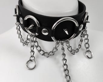 Black Leather Spike Choker, Gothic Chain Collar, Punk O-Ring Necklace, Alternative Grunge Jewelry, Festival Fashion, Handmade Gift