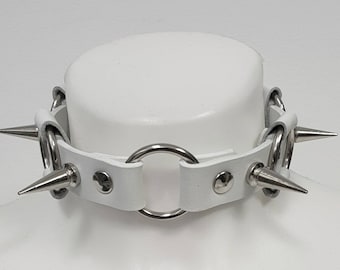 White Leather Spikes and Rings Choker - Grunge Goth Collar