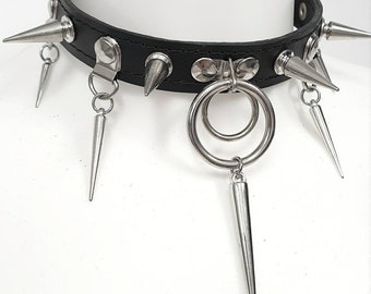 Double Ring And Spikes Leather Choker - Black Metal Collar
