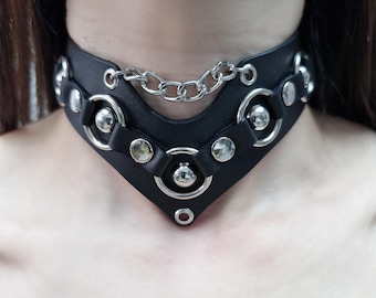Black Leather Gothic Choker - Statement Punk Rock Collar