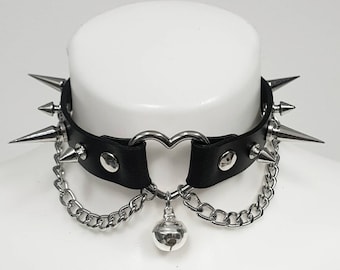 Spiked Heart Choker - Kitty Bell Grunge Goth Collar