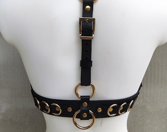 Grunge Goth Black Leather Body Harness With Gold Hardware, Gothic Festival Outfit