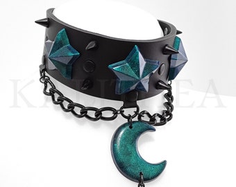 Ras de cou en cuir noir avec étoiles et lune - Collier croissant de lune Witchy Vibes